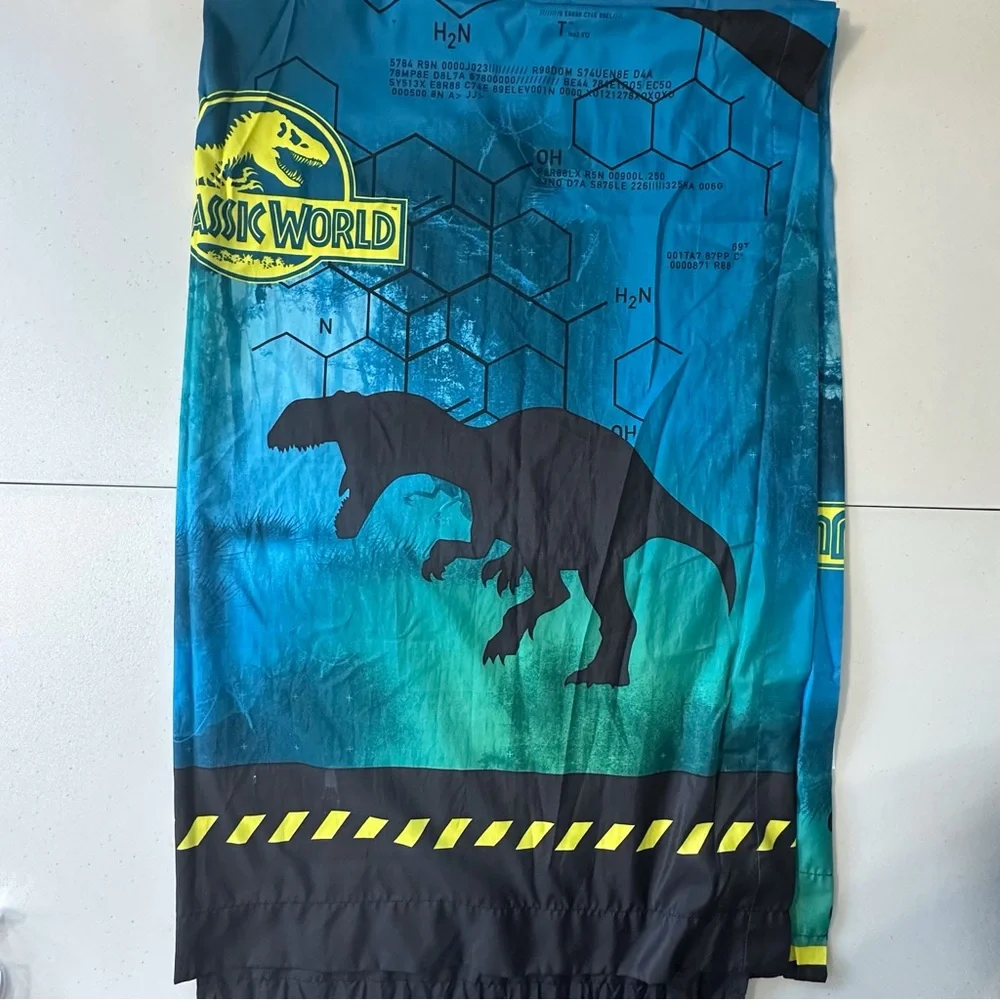 Lot of 2 Jurassic World curtains w/‎ ties approx 64”x39.5” blue yellow green